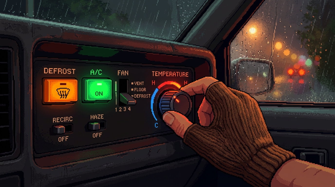 A car climate control panel showing DEFROST on, A/C on, and RECIRC off