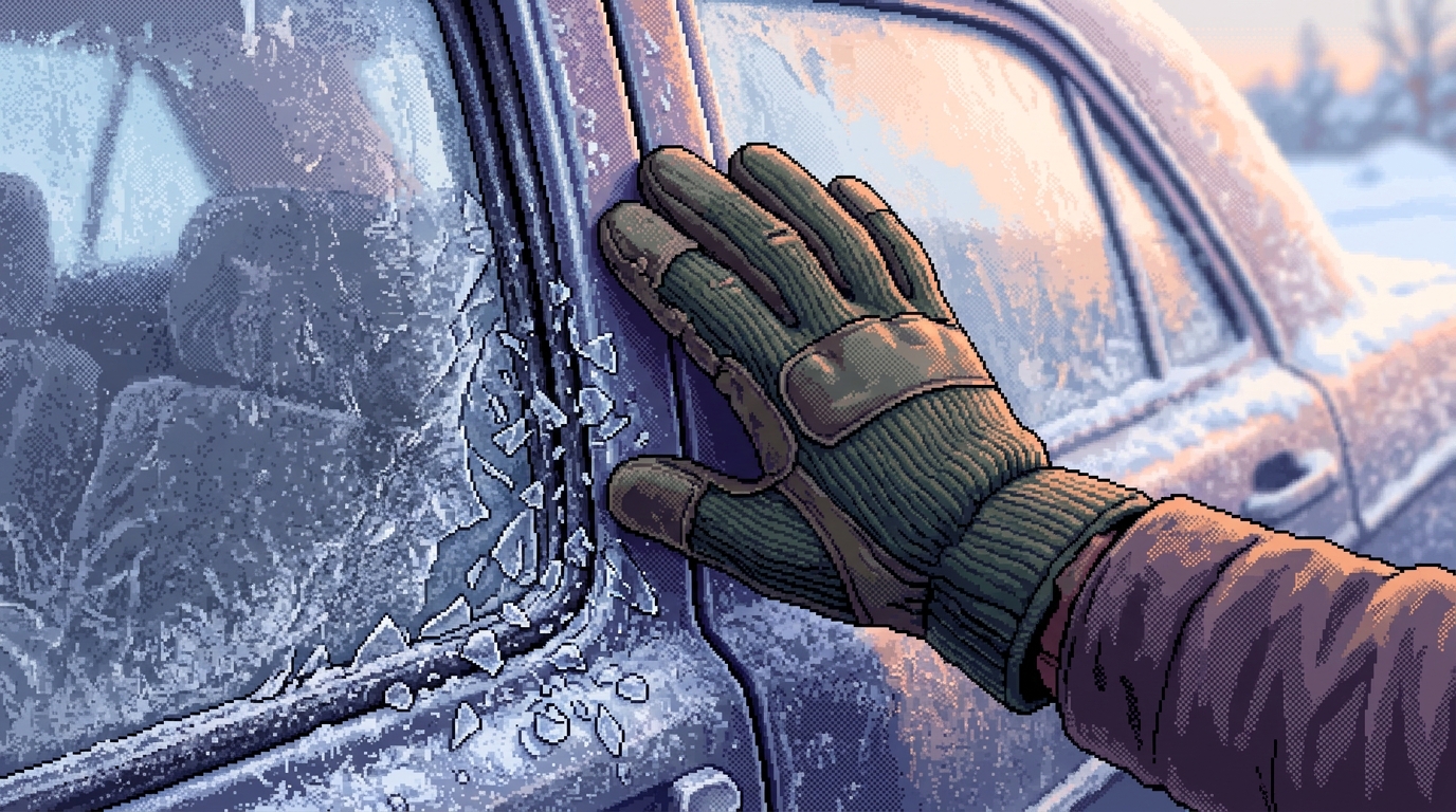 A person pressing firmly against a frosty car door frame to break the ice seal