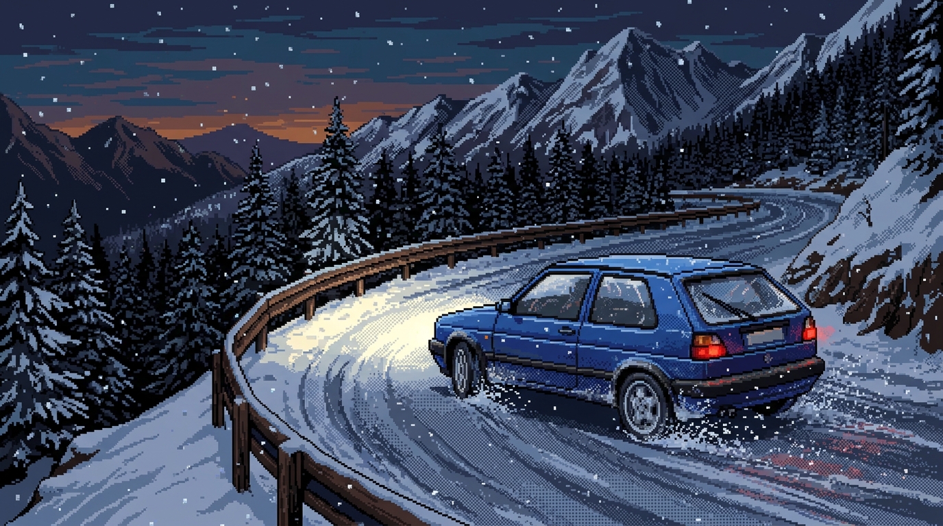 A car experiencing snap oversteer on a snowy curve due to unbalanced tire grip